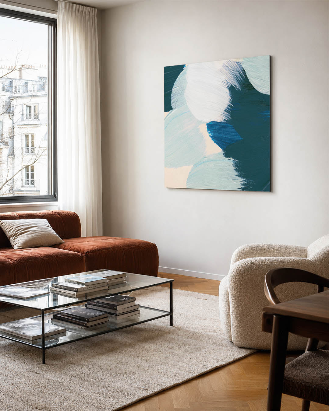 Dynamische kleurencompositie kunstwerk – vierkante wanddecoratie – dit kunstwerk toont een levendige mix van blauw, groen en