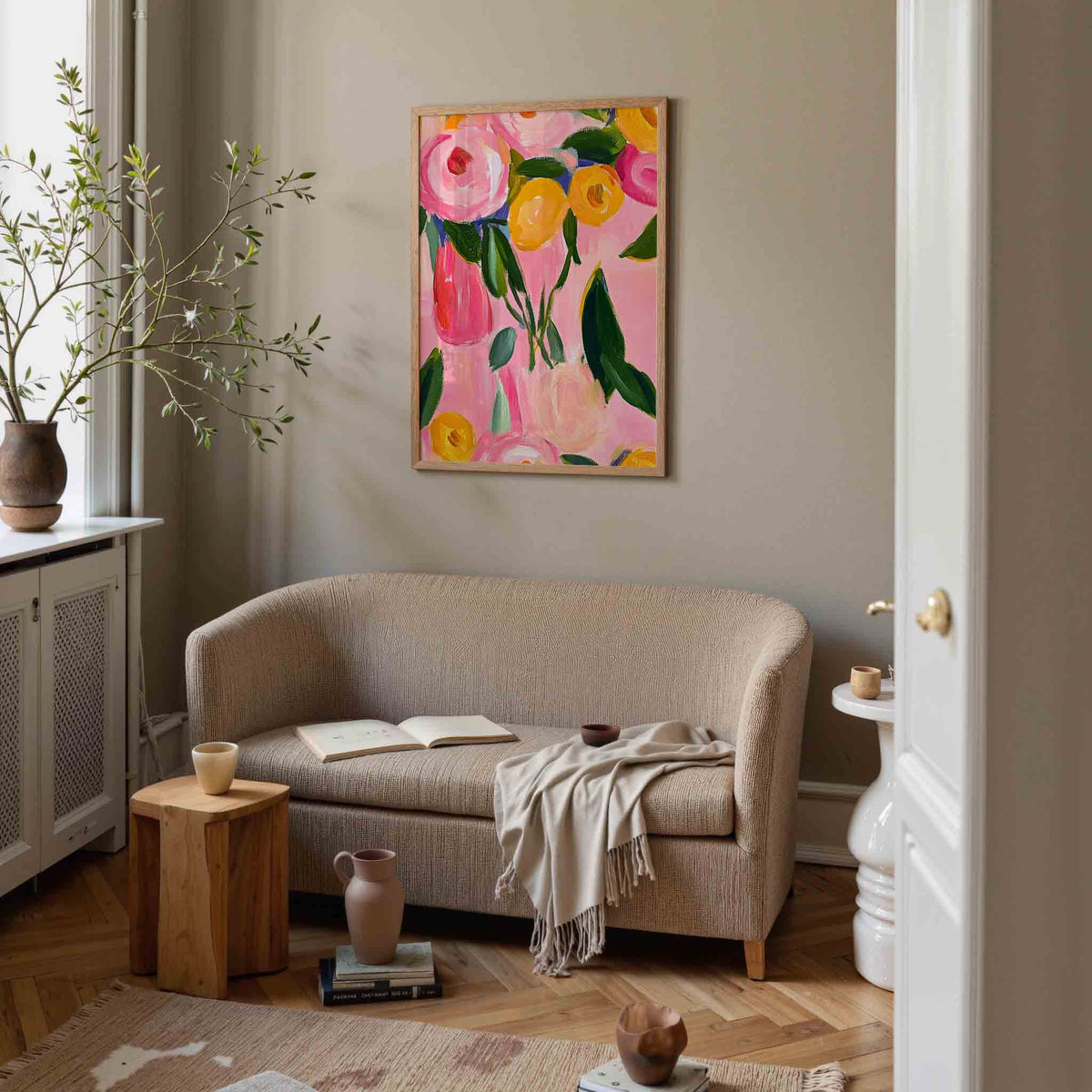 Bloemen in roze en geel – illustratie poster in staand formaat