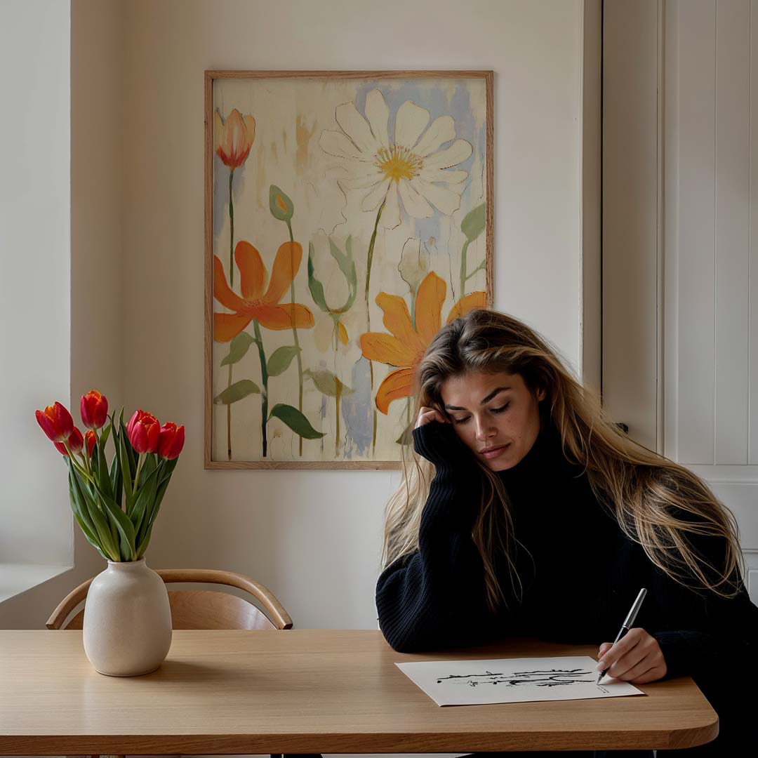 Veldbloemen Schilderij – staande muurposter met kleurrijke abstracte vormen