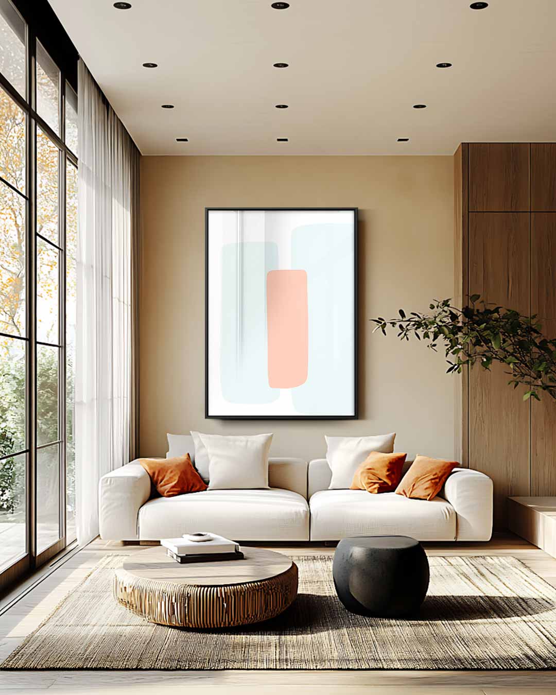 Rustgevende Pastelvormen – staande wandkunst voor woonkamer of interieur