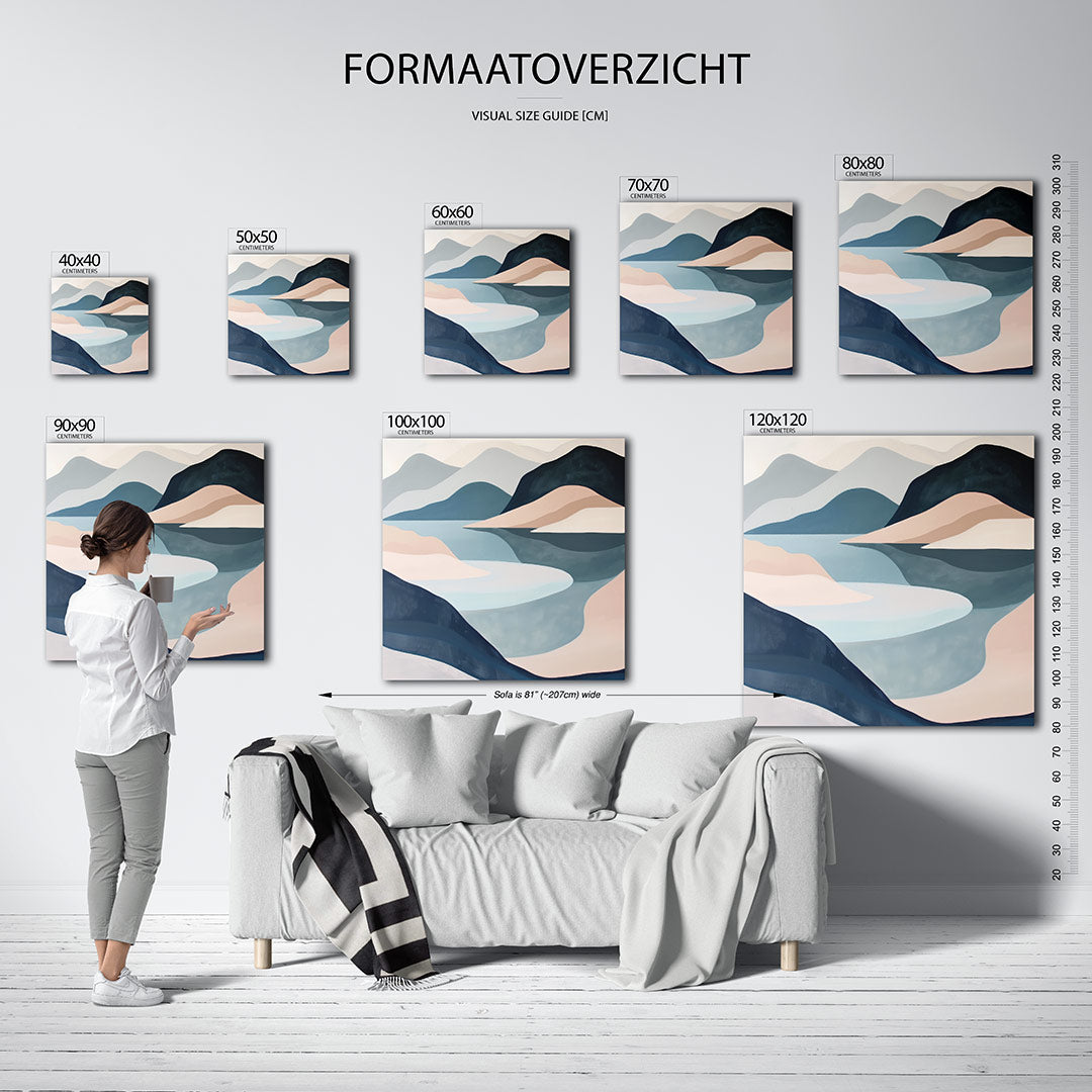 Vloeiende berglandschap kunstwerk – materiaalweergave – dit werk toont een compositie van vloeiende lijnen en zachte kleuren