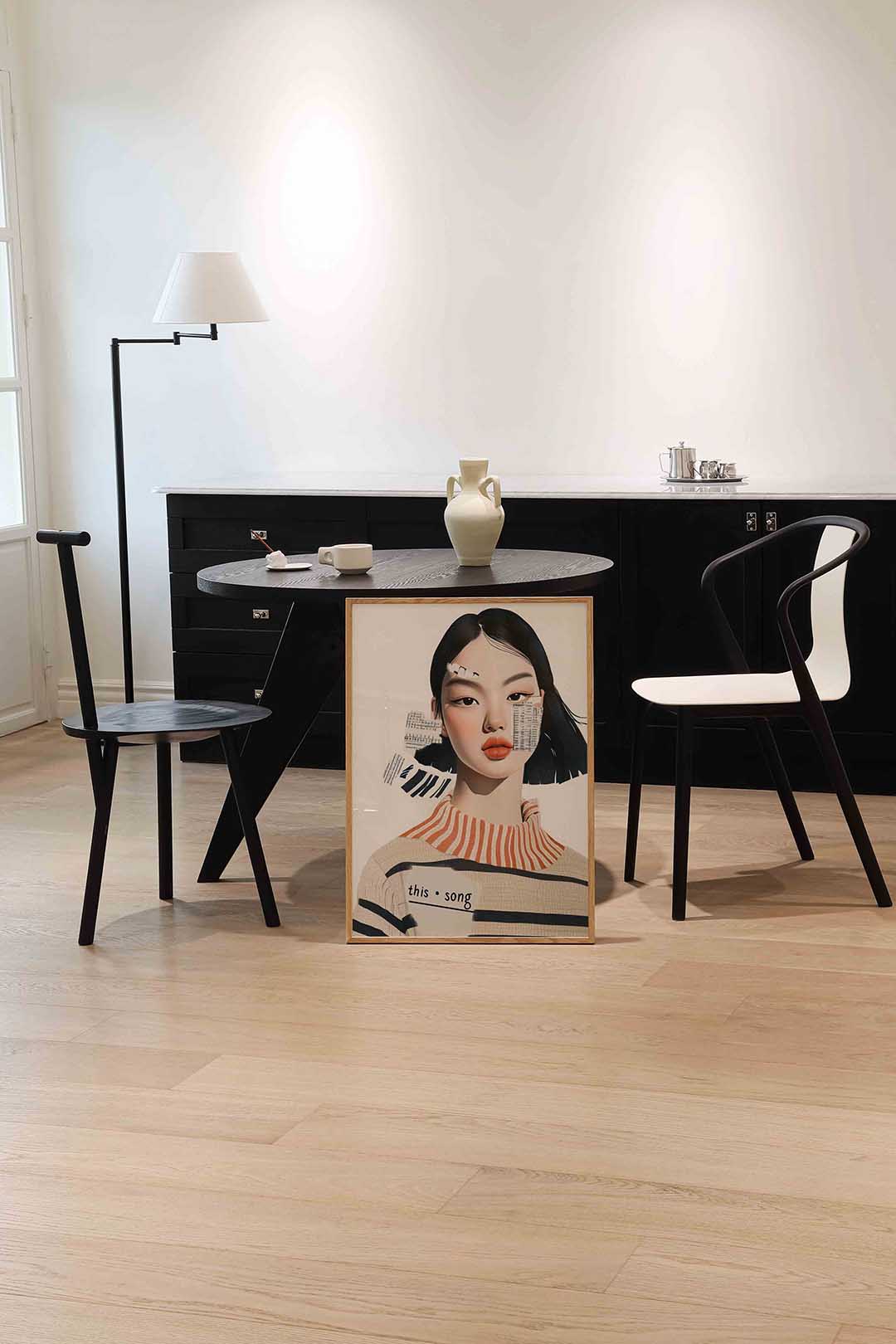 Vrouw met tekst en muziek – moderne wandkunst als portret poster