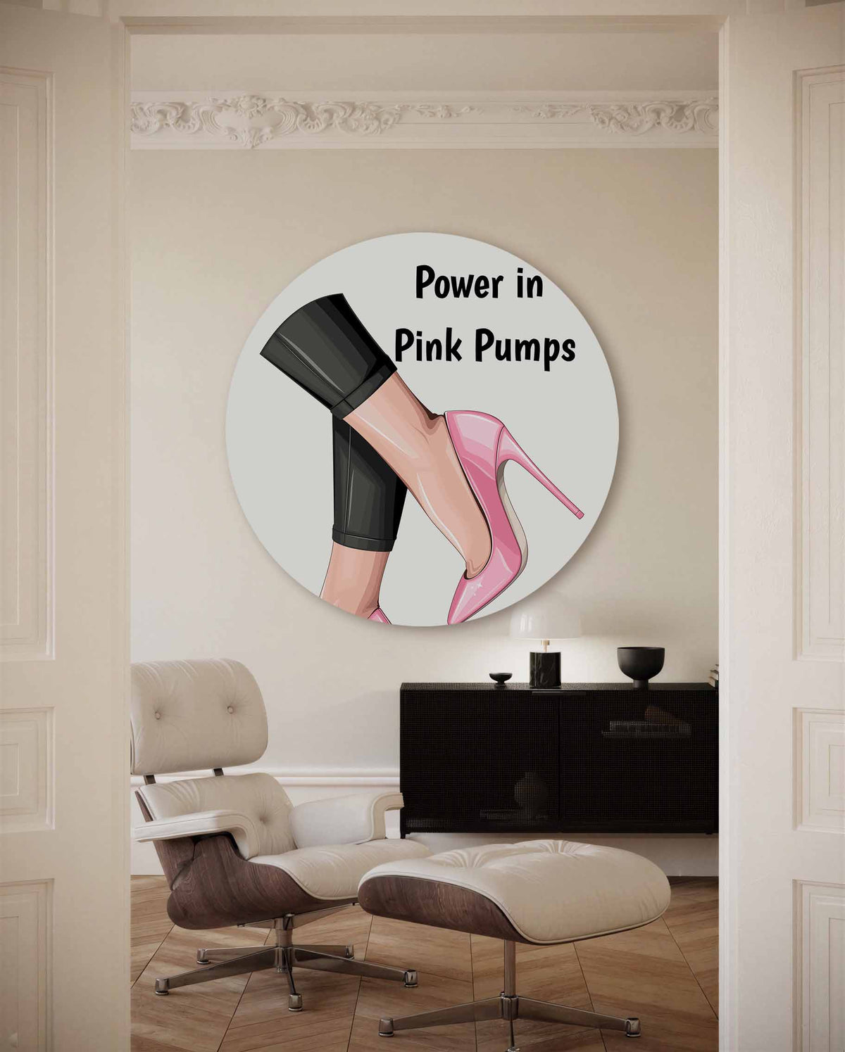 Roze pumps en zwarte broek – kleurrijke Pop Art muurcirkel voor aan de muur