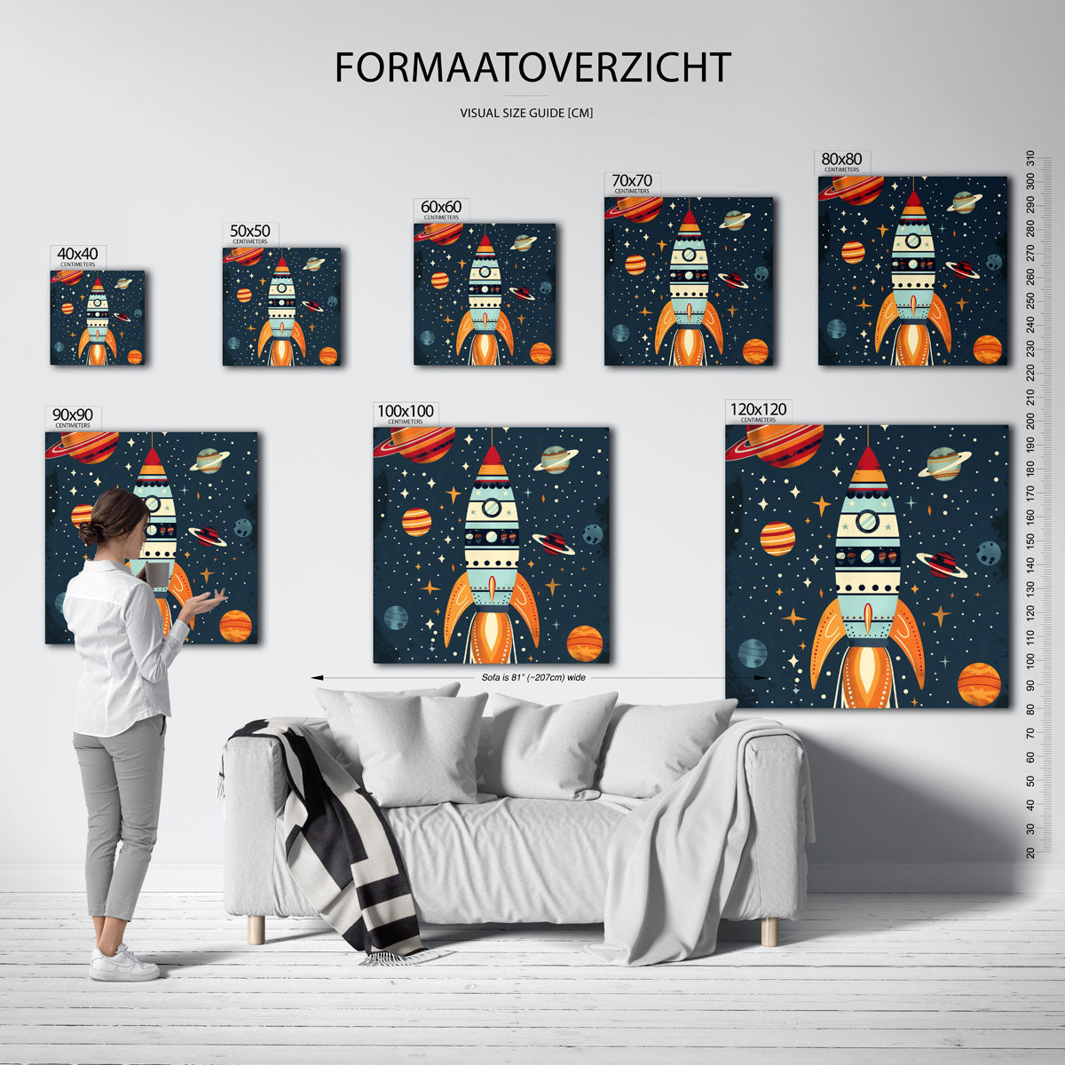Ruimteraket en planeten – vierkante muurposter voor de kinderkamer