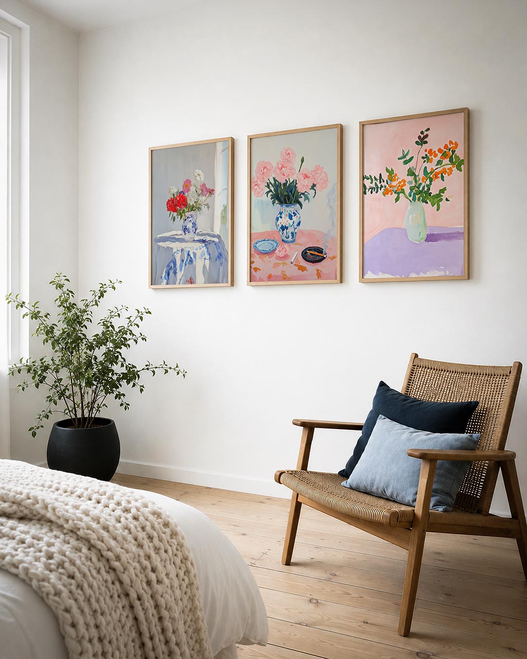 Tafel met bloemen posterset – detailweergave – een vaas met kleurrijke bloemen op een tafel met blauw-wit