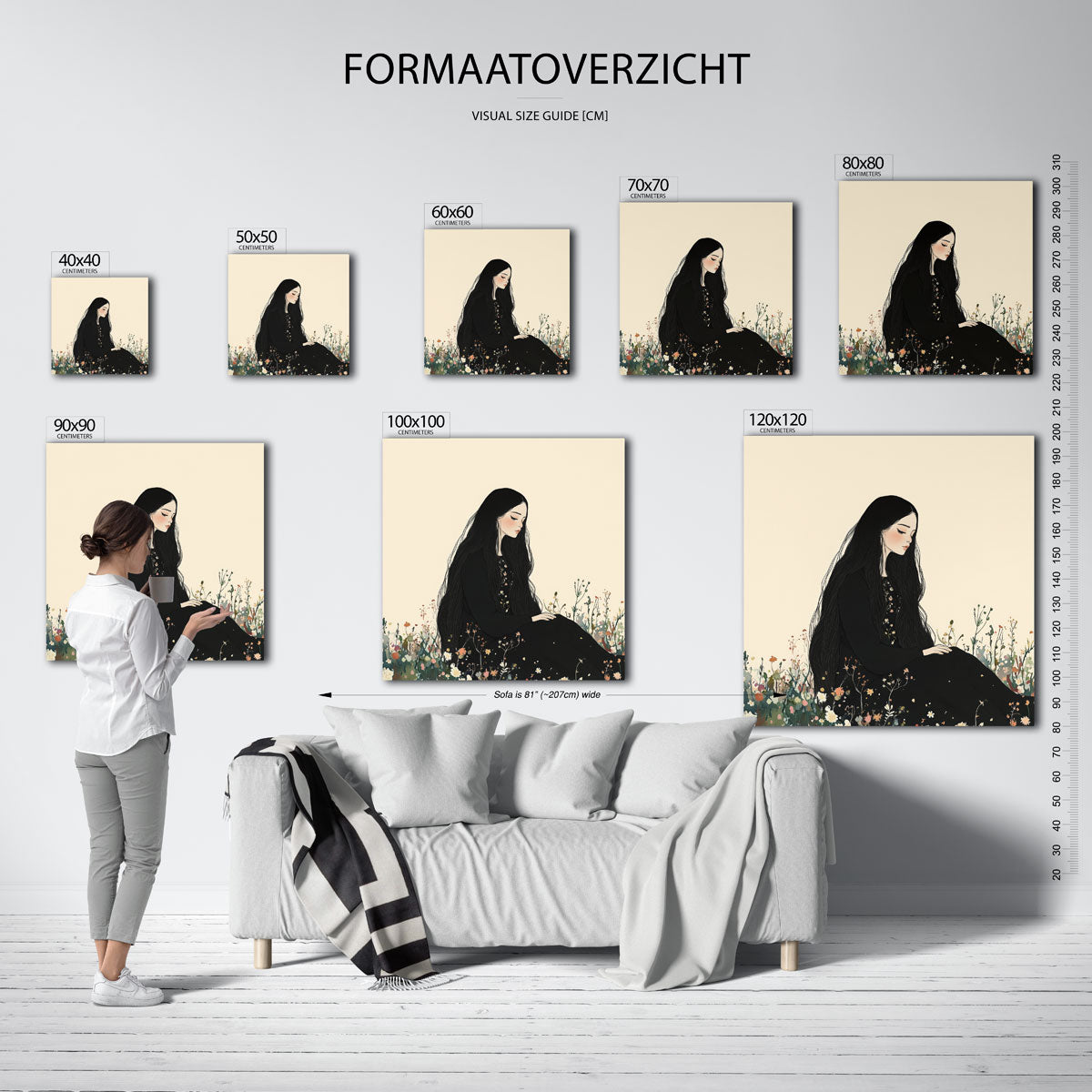 Zittende vrouw in bloemenveld – vierkante muurposter voor een modern interieur