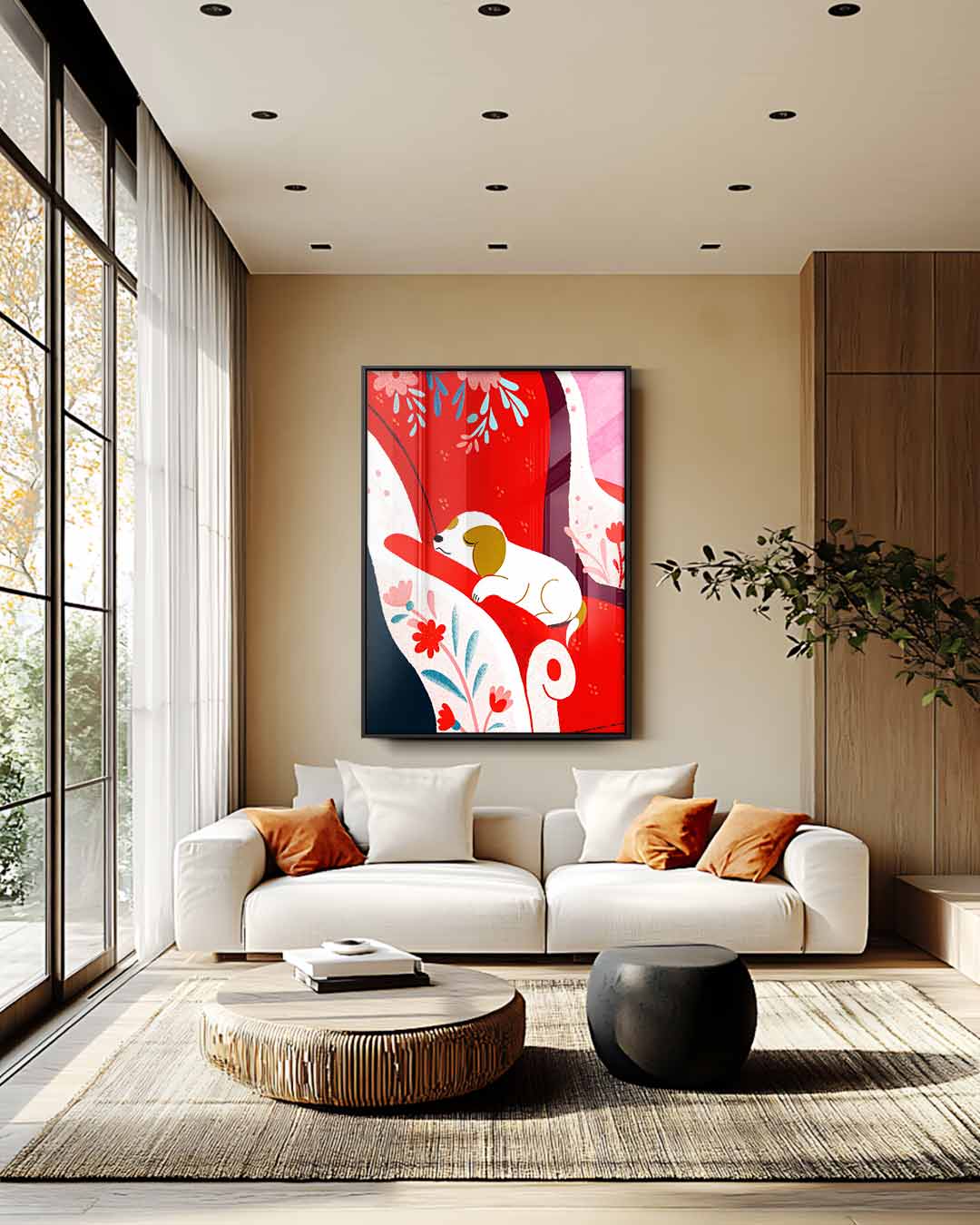 Dromerige Hond op Rode Stoel – modern portret kunstwerk van WallArtistic