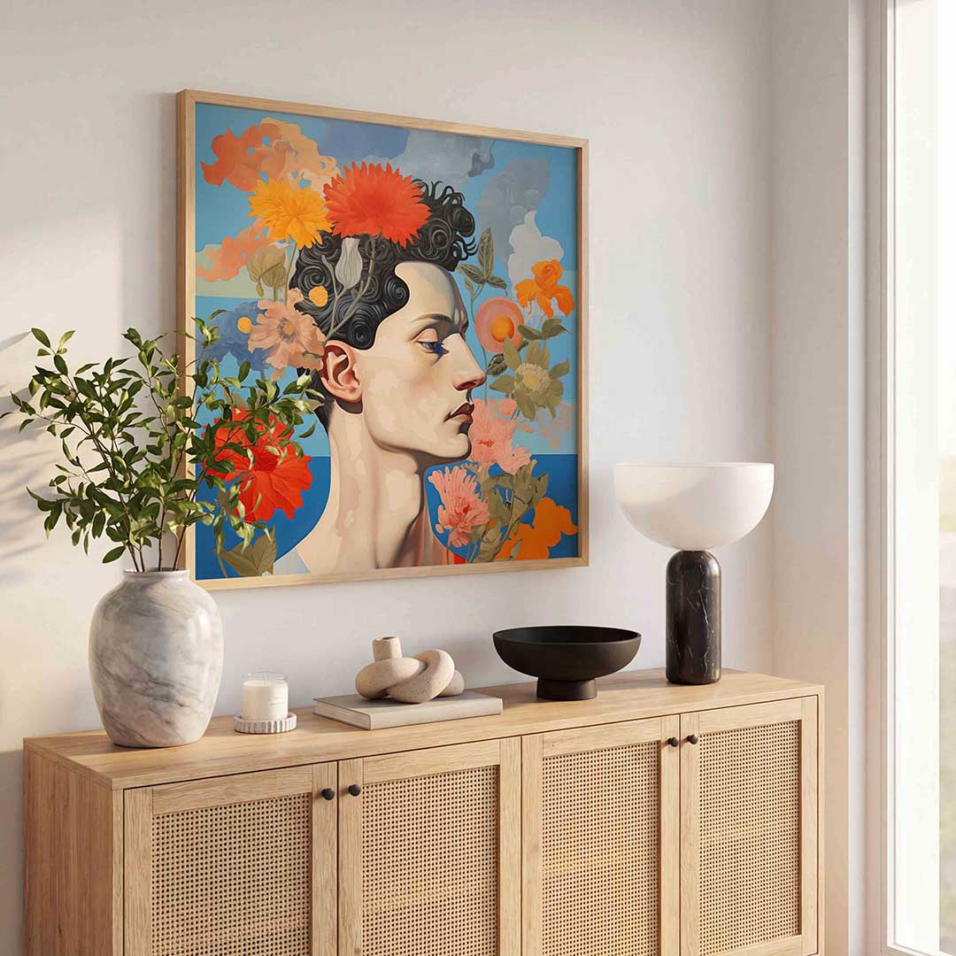 Bloemen en profiel – illustratie poster in vierkant formaat