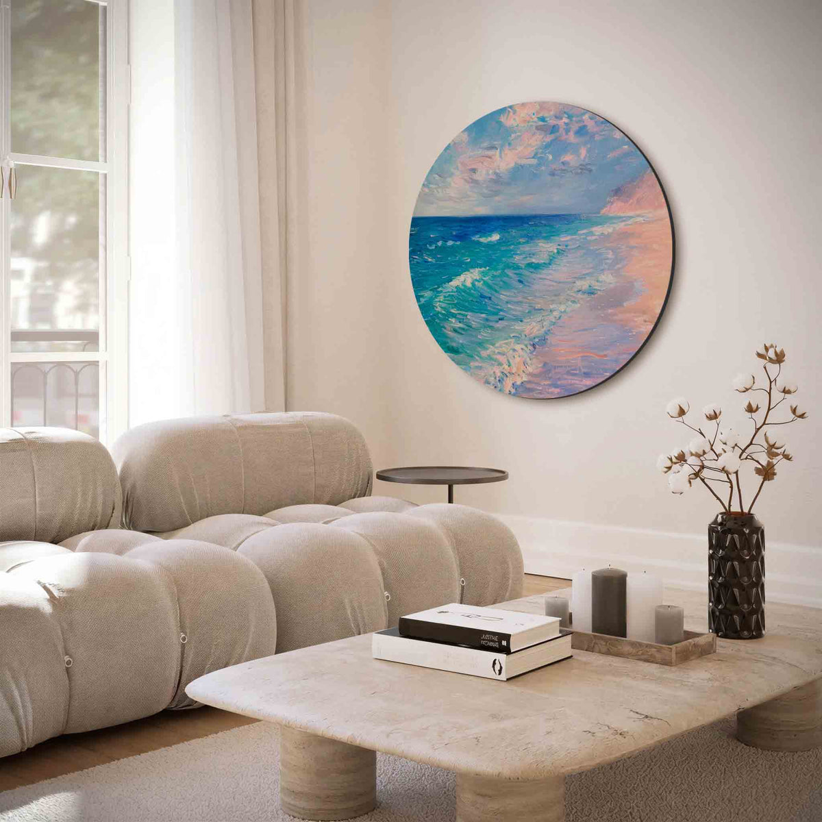 Zee en strand – muurcirkel met abstracte texturen voor aan de muur
