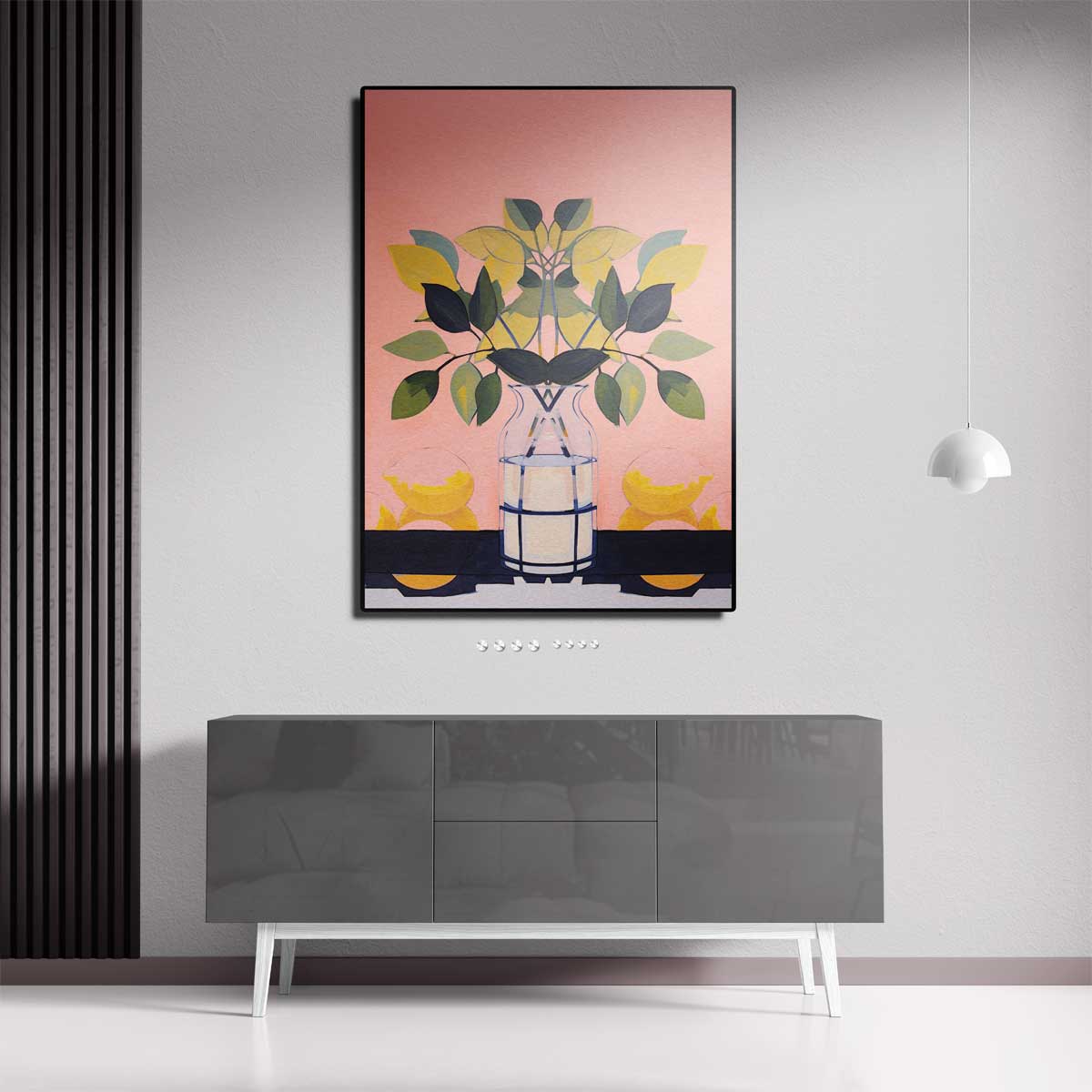 Vrolijke Vaas met Bladeren – canvas kunstwerk als wanddecoratie