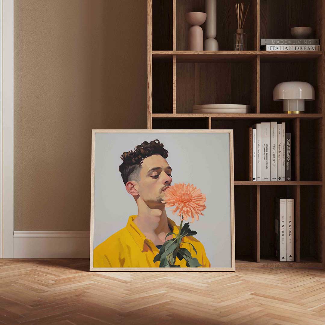 Man met bloem – vierkante design wanddecoratie van WallArtistic