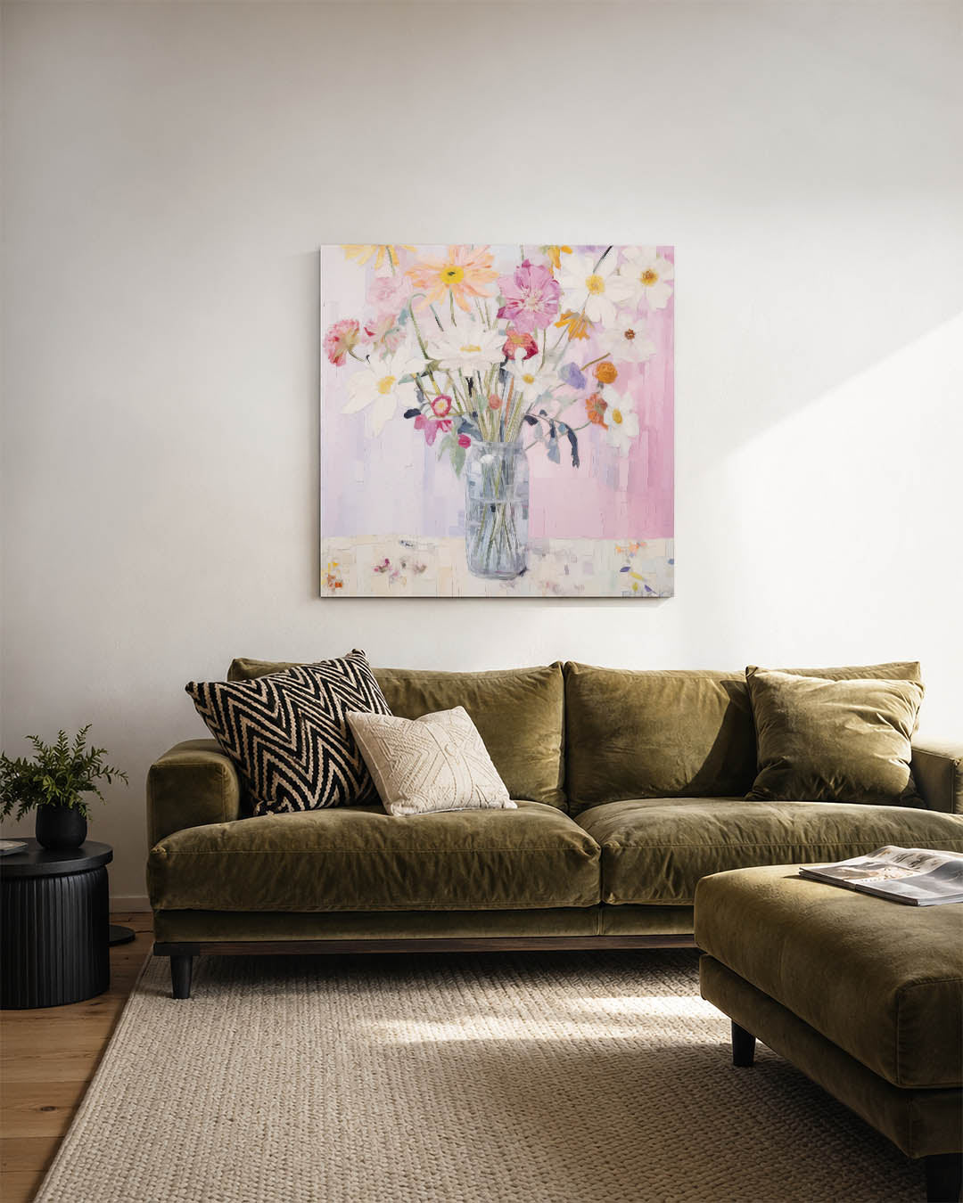 Bloemrijke compositie kunstwerk – sfeerbeeld – dit werk toont een vaas met kleurrijke bloemen tegen een zachte achtergrond.