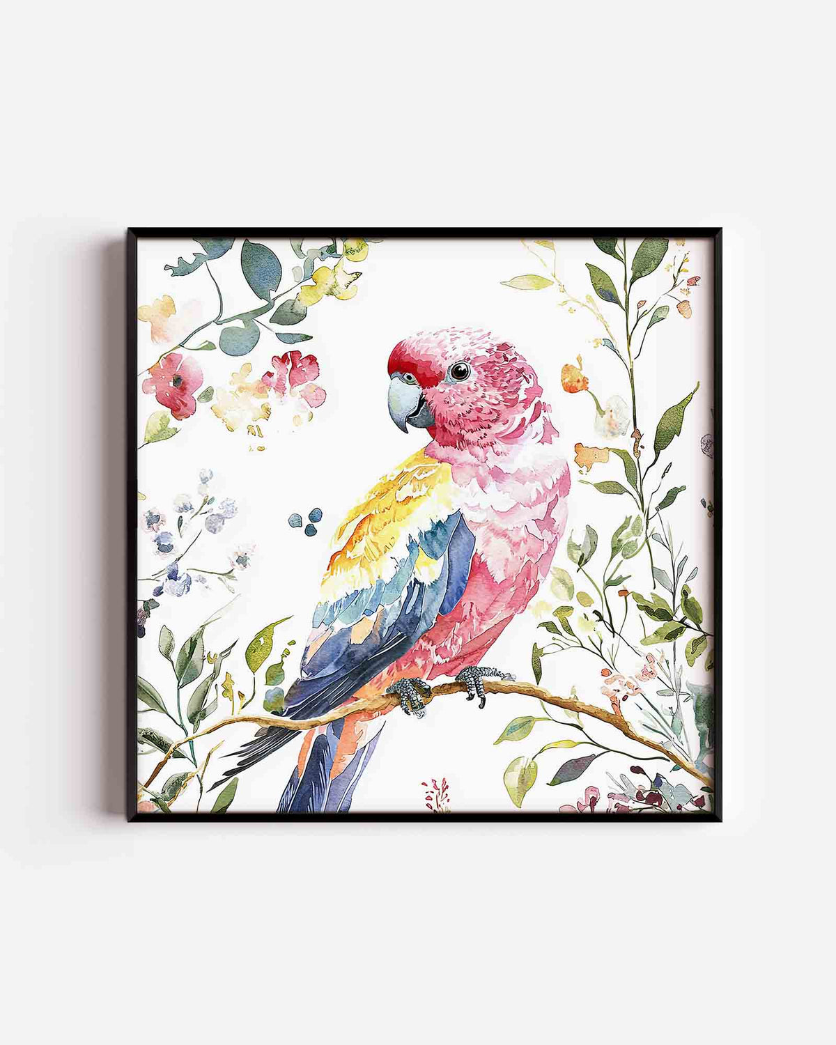 Papegaai en bloemen – vierkante dierenposter als wanddecoratie