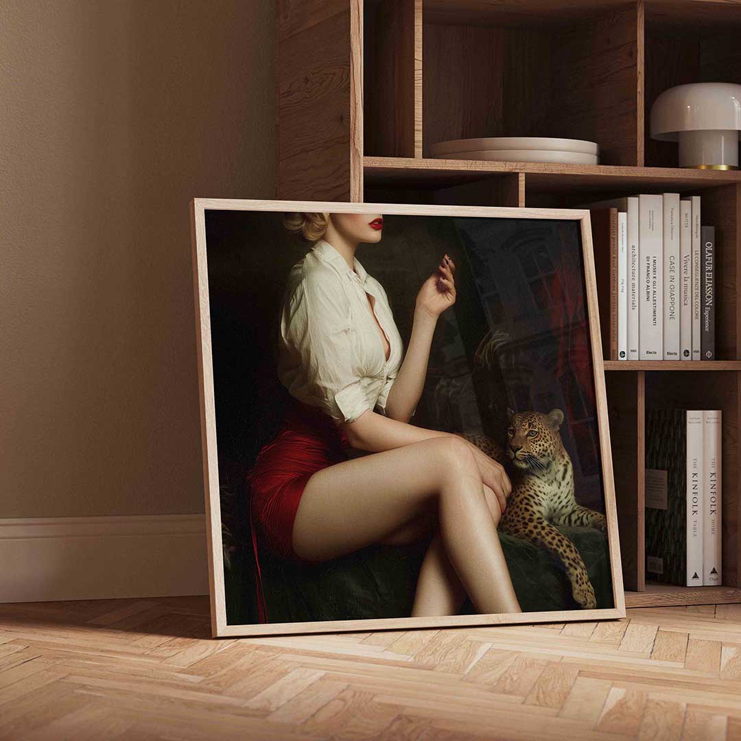 Vrouw met luipaard – vierkante Pop Art wanddecoratie van WallArtistic