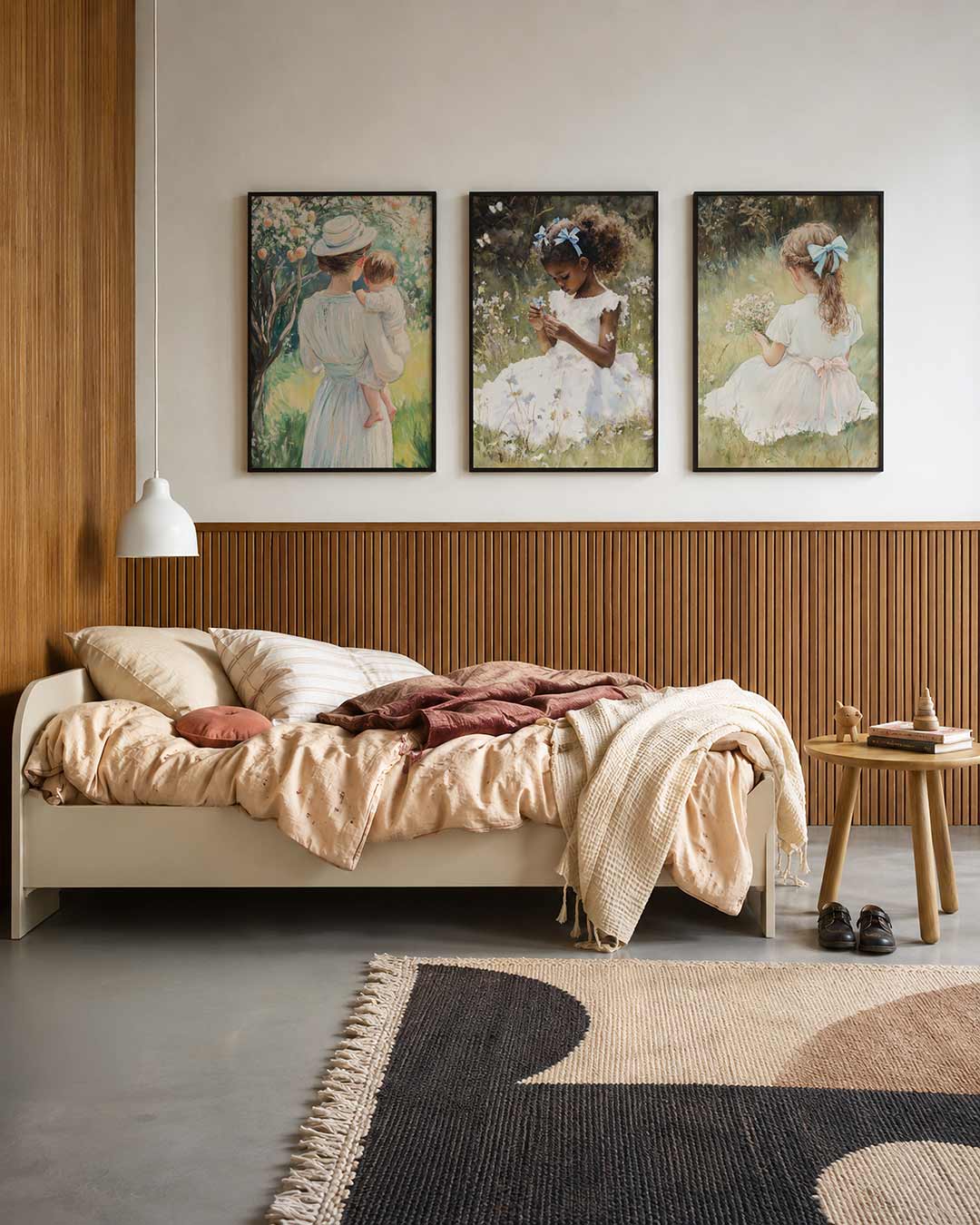 Zachte pastel harmonie driedelige posterset – een vrouw met kind in zachte tinten, omgeven door bloesems