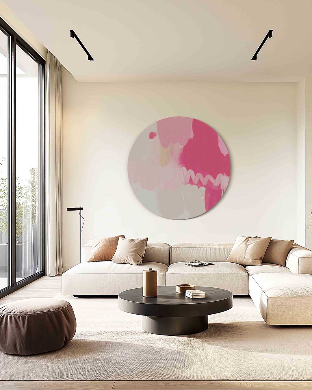 Roze en beige vormen – kleurrijke muurcirkel als ronde wanddecoratie