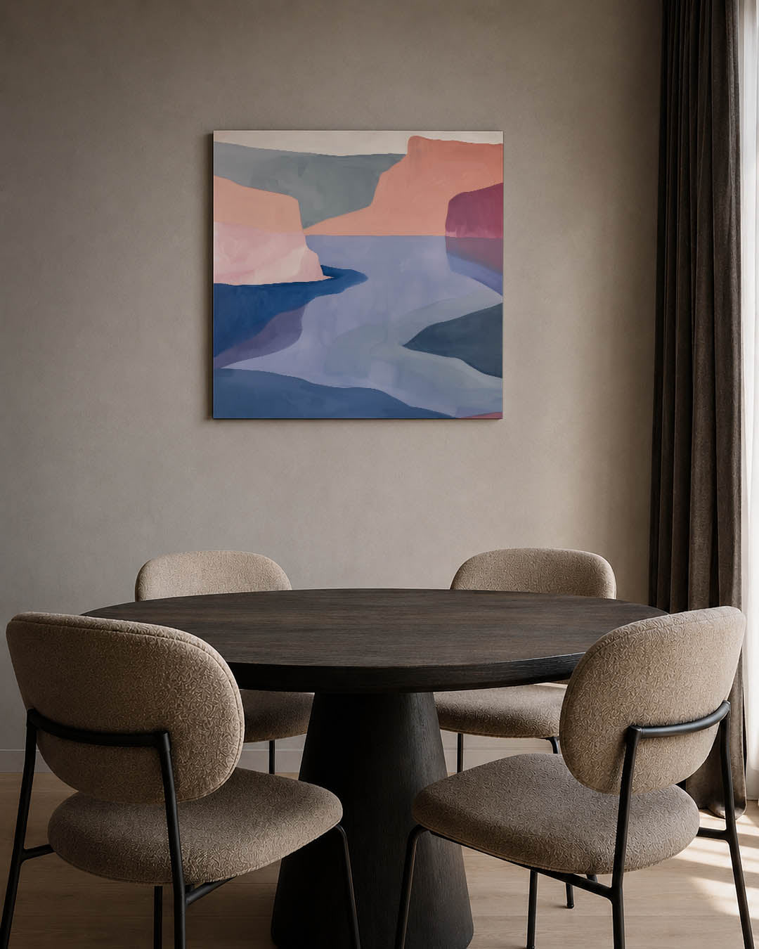 Vloeiende kleurenlandschap kunstwerk – tweede productweergave – dit werk toont een serene compositie van vloeiende vormen en