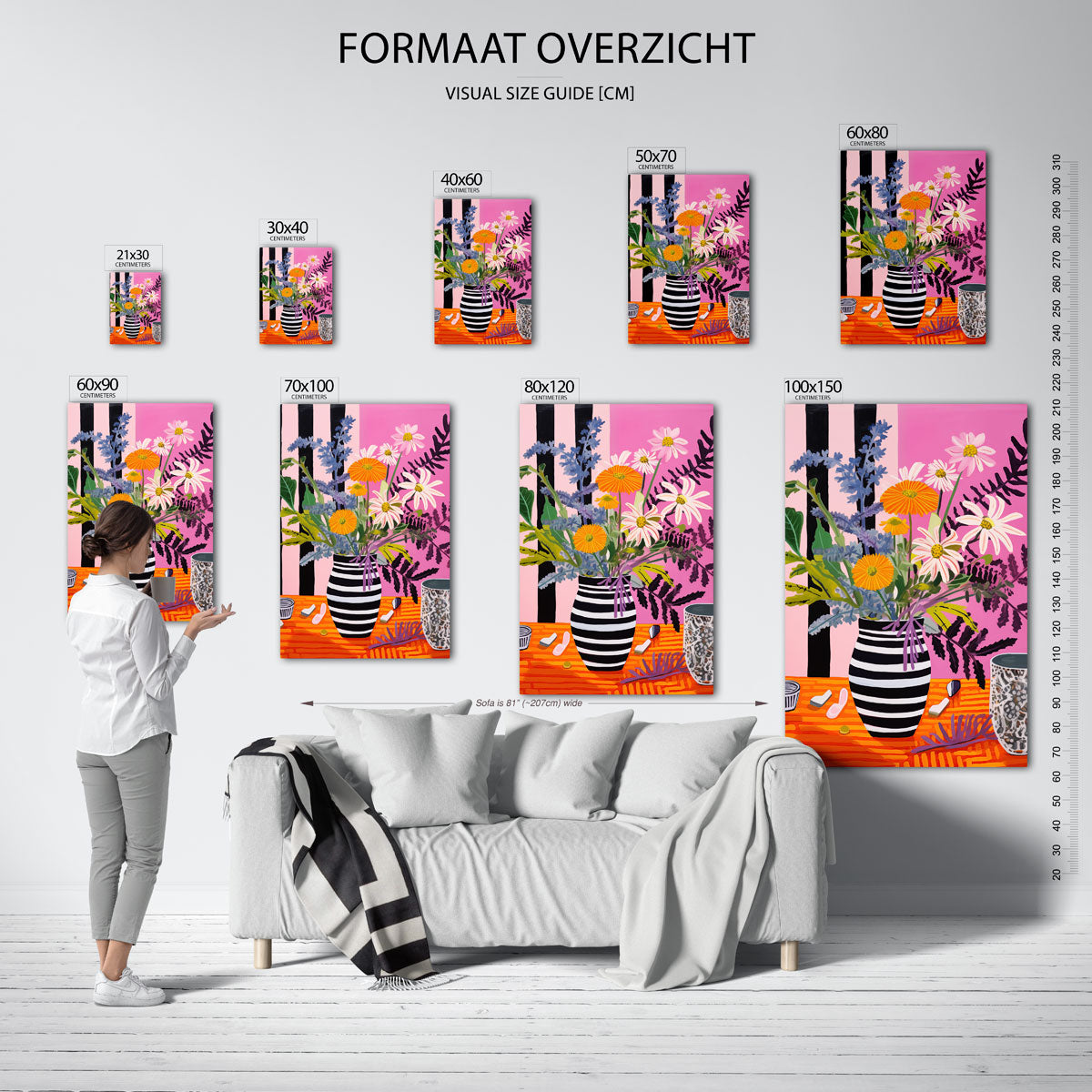 Bloemen in gestreepte vaas – staande muurposter met bloemen