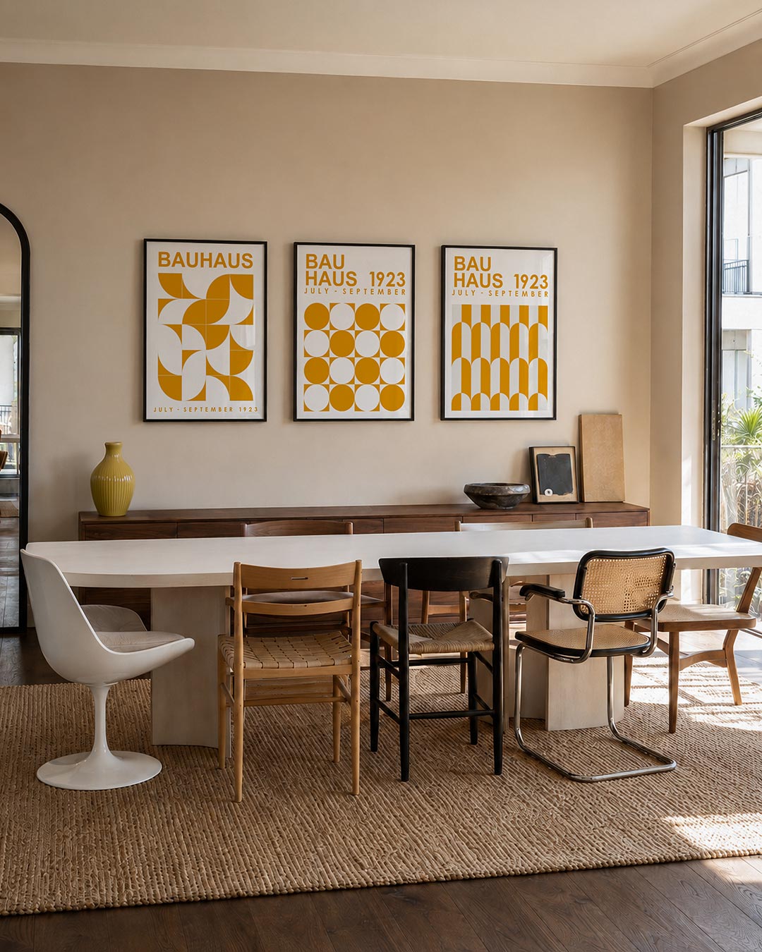 Vormen en vlakken driedelige posterset – deze posterset in drie delen toont een speelse wisselwerking van halve cirkels en