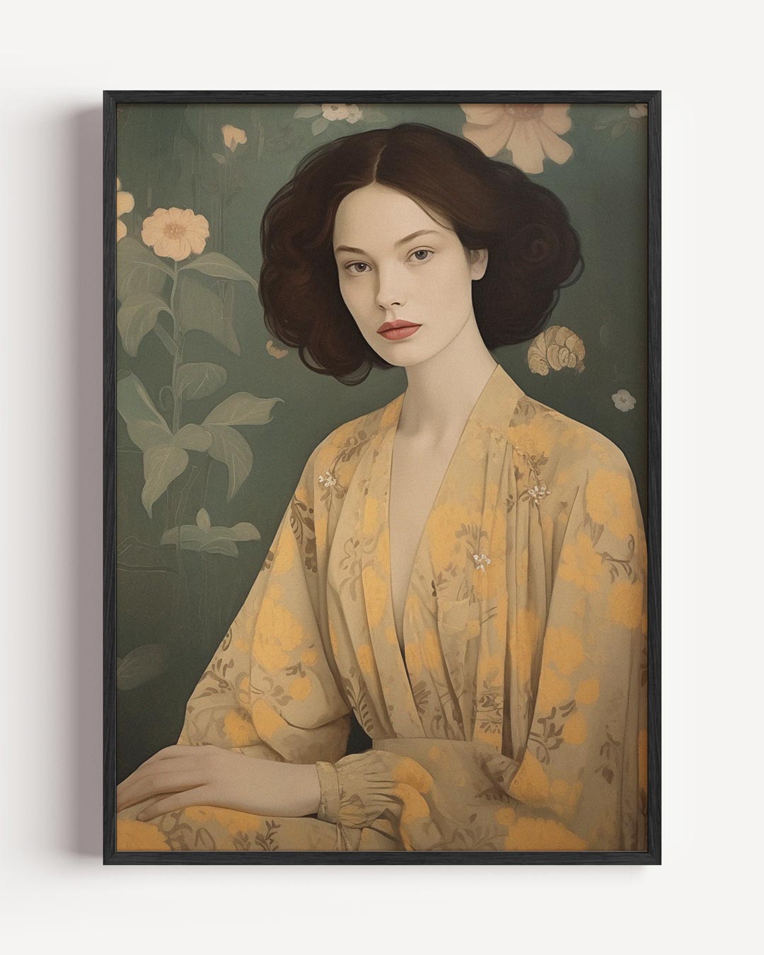 Portret vrouw in gele bloemenjurk – vrouwelijk portret poster als wanddecoratie