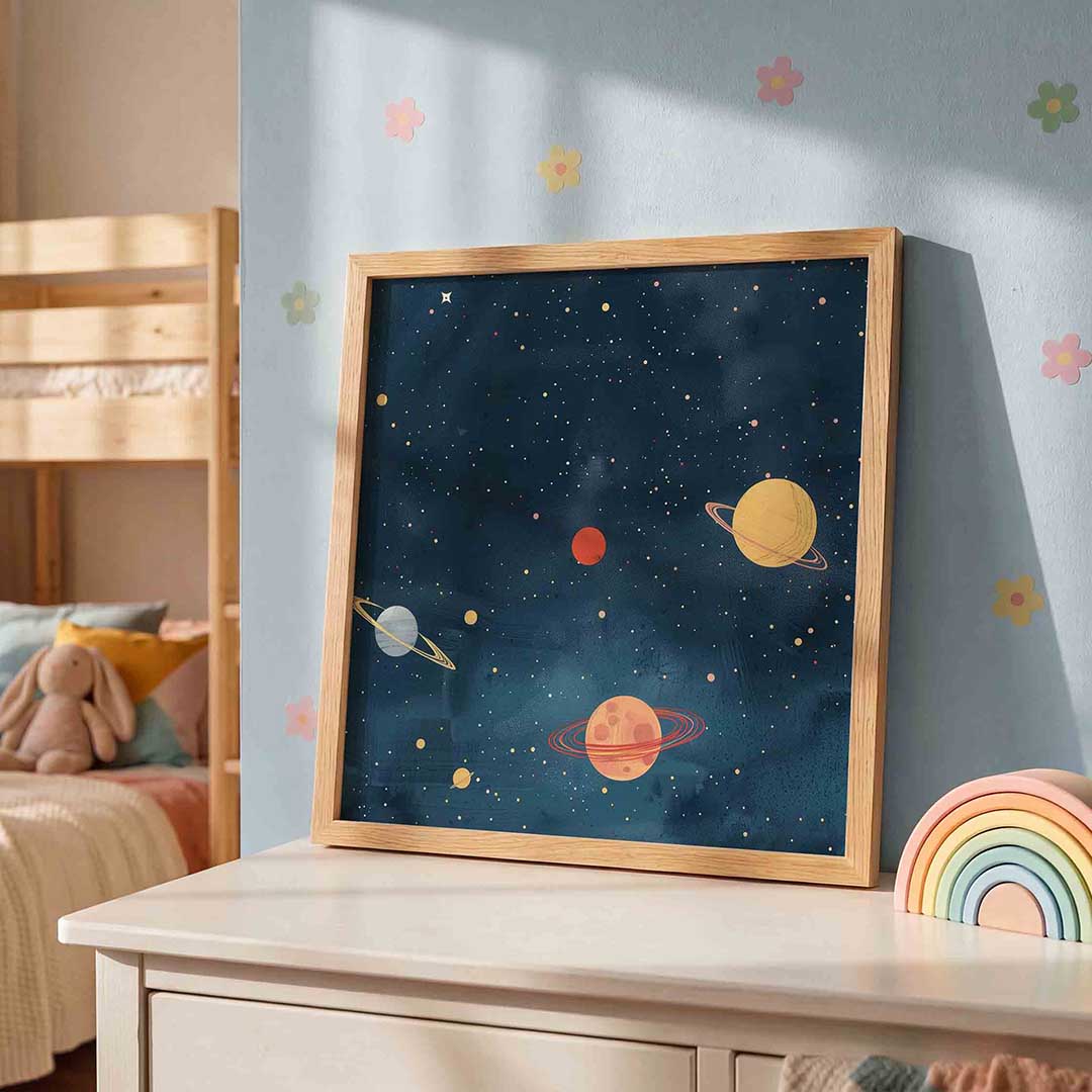 Planeten en sterren – speelse wandkunst als vierkante kinderposter