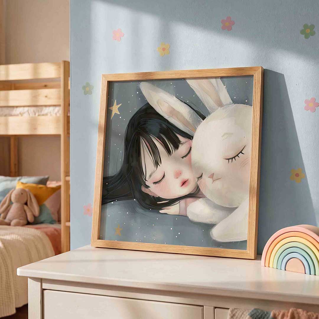 Slapend meisje en konijn – speelse wandkunst als vierkante kinderposter