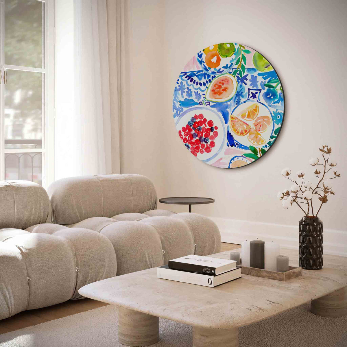 Fruit en bladeren – muurcirkel met abstracte texturen voor aan de muur