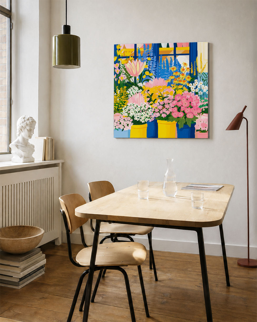 Bloemenexplosie kunstwerk – vierkante wanddecoratie – dit kunstwerk toont een levendige verzameling bloemen in diverse