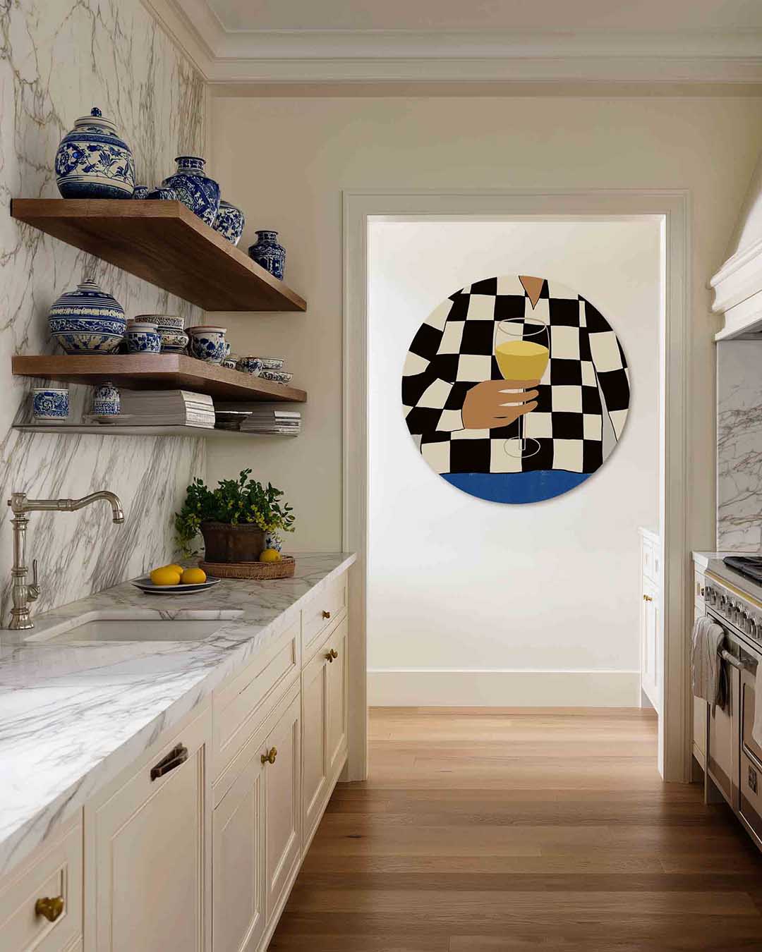 Geruit overhemd met glas – kleurrijke Pop Art muurcirkel voor aan de muur