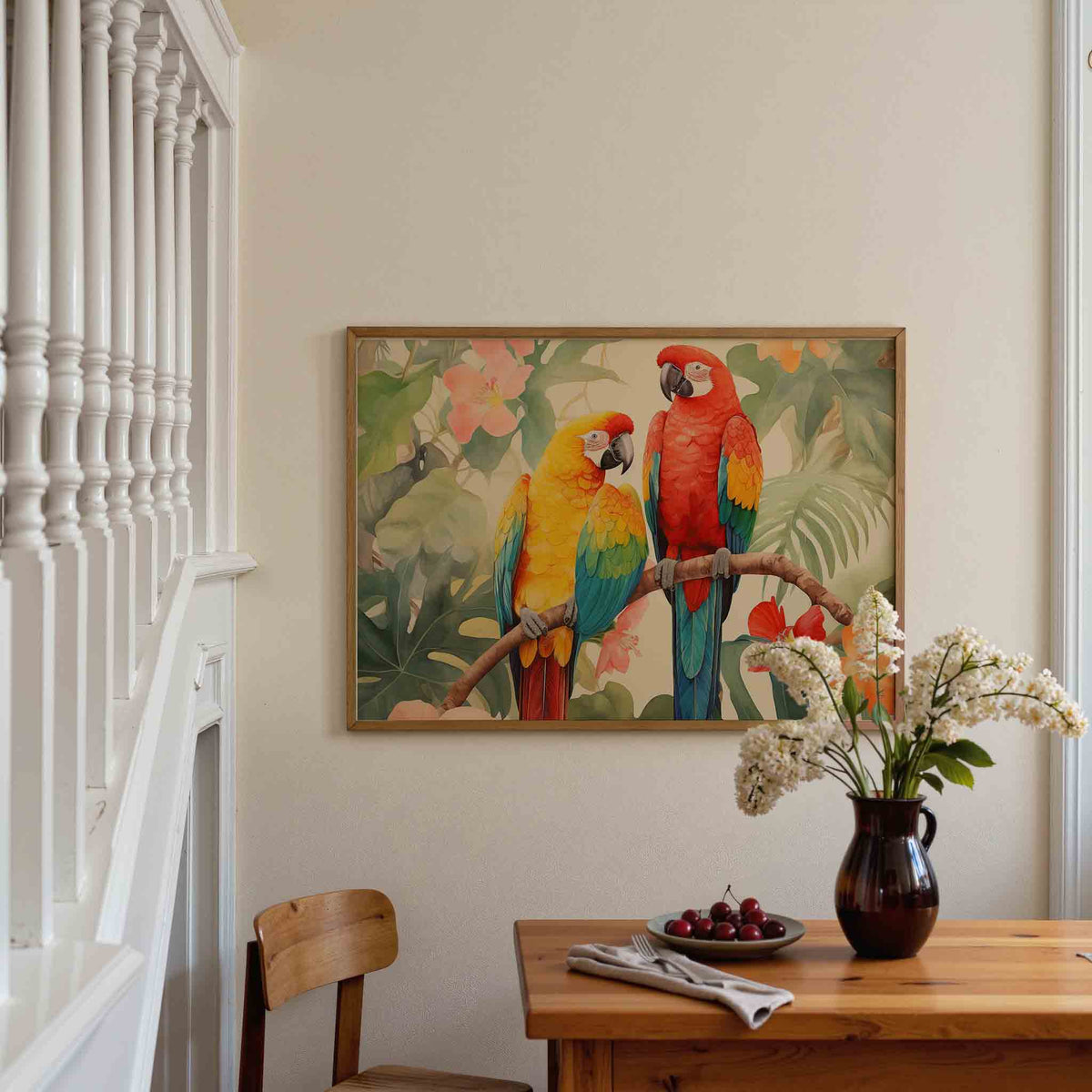 Papegaaien en bloemen – tropische poster in liggend formaat