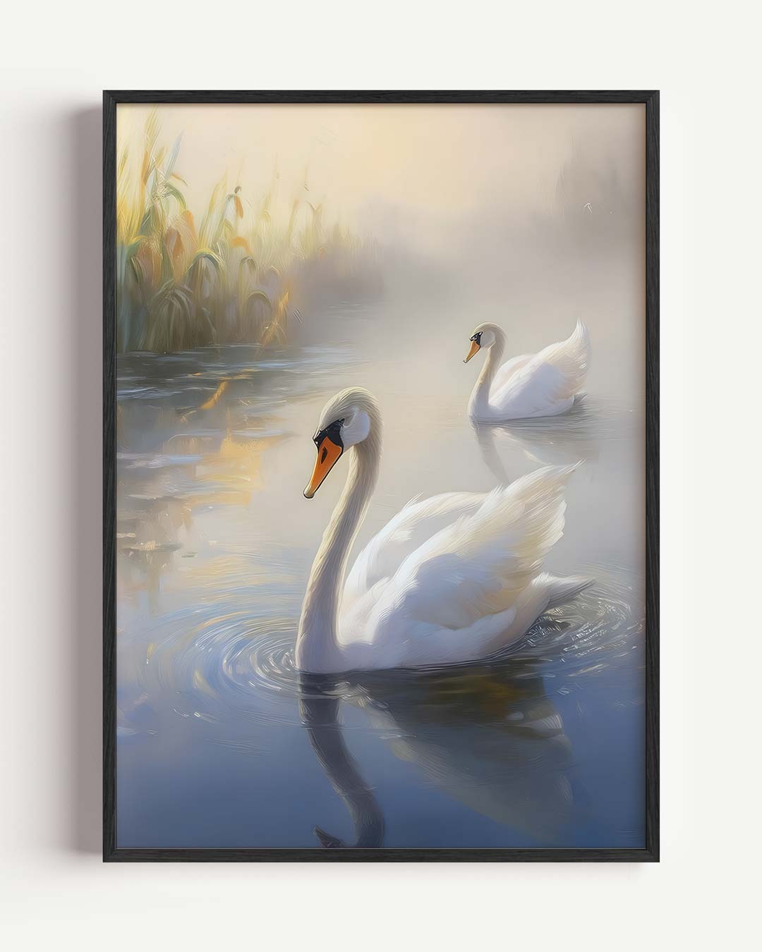 Elegant Zwevend Zwanenpaar – dieren portret poster als wanddecoratie