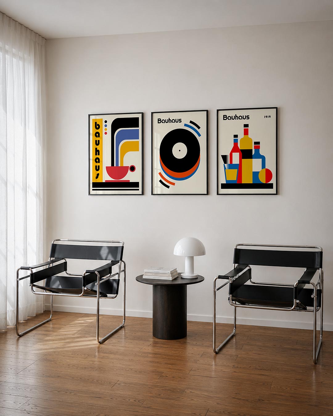 Kleurrijke lijnenspel driedelige posterset – deze posterset in drie delen toont een levendig lijnenspel met rode, gele en