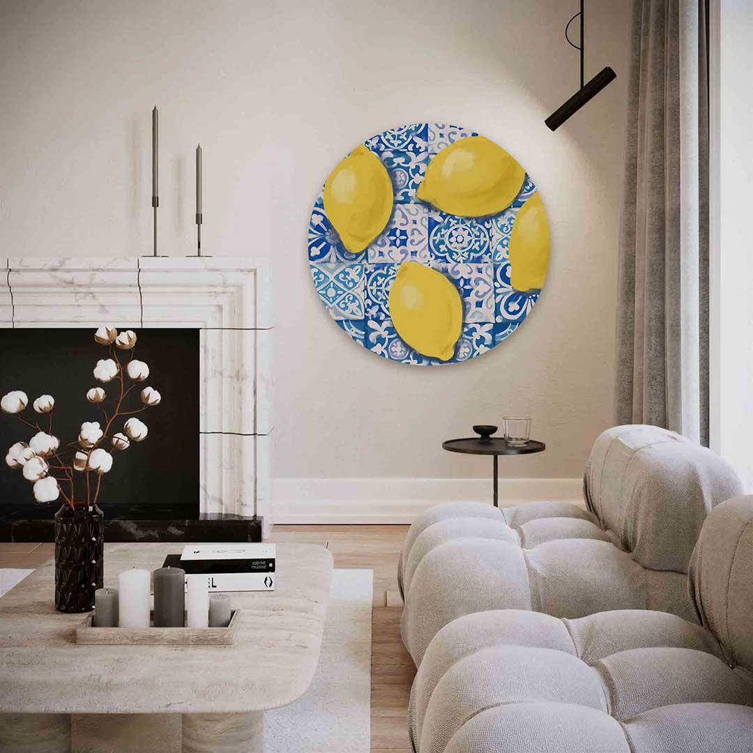 Citroenen op tegelpatroon – abstracte textuur muurcirkel als wanddecoratie