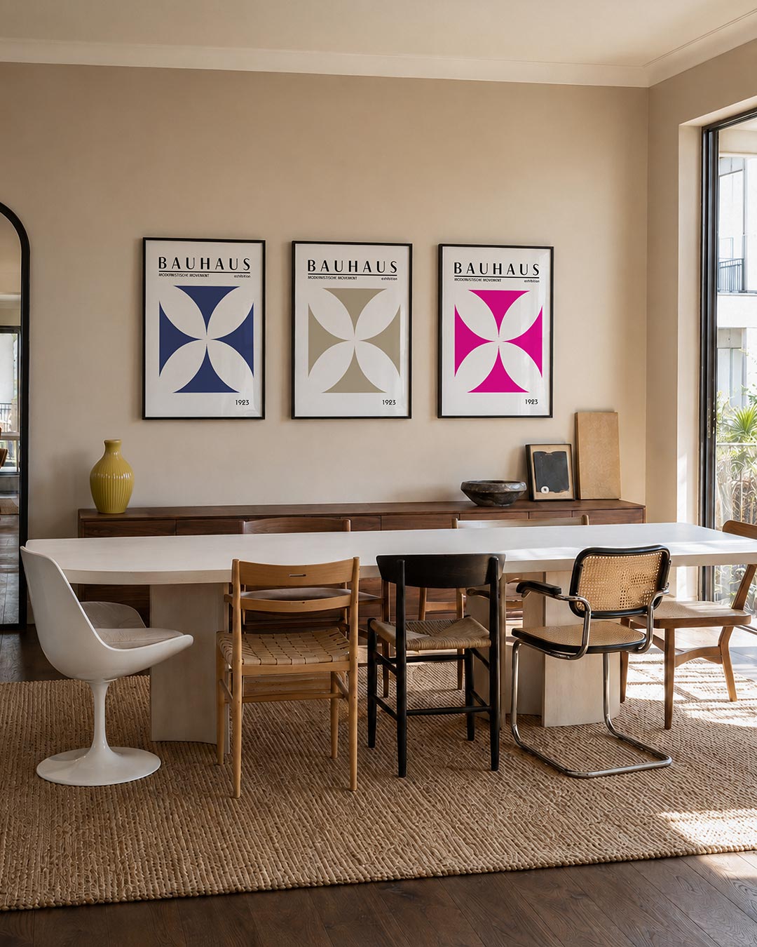Vorm en balans driedelige posterset – deze posterset in drie delen toont een harmonieus lijnenspel met blauwe en witte