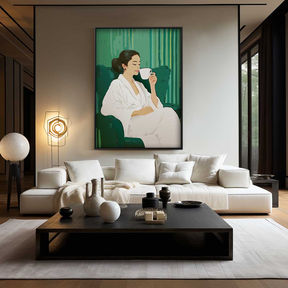 Ontspanning in Groen – modern portret kunstwerk van WallArtistic