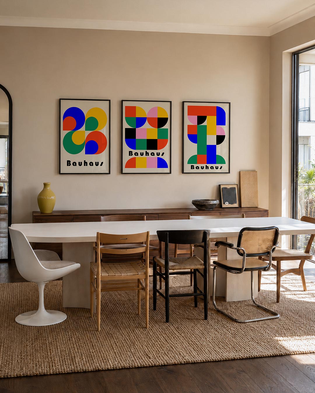 Vormen en kleur driedelige posterset – deze posterset in drie delen toont een levendig spel van cirkels en halve cirkels in