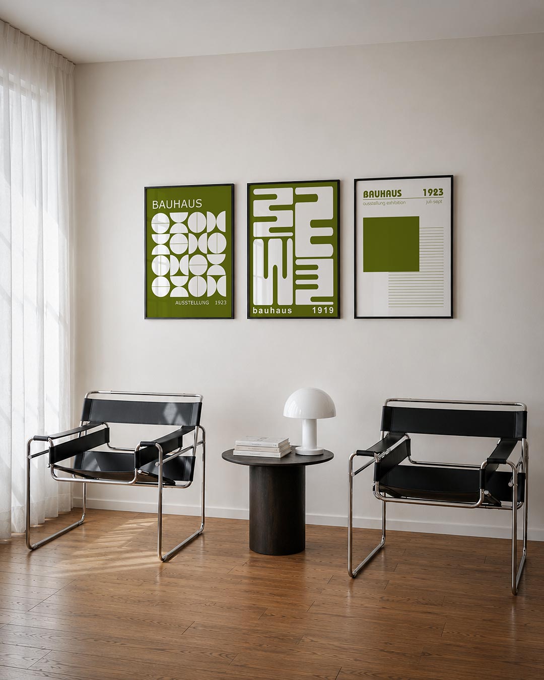 Vormenspel en ritme driedelige posterset – deze posterset in drie delen toont een speelse ordening van witte cirkels en halve