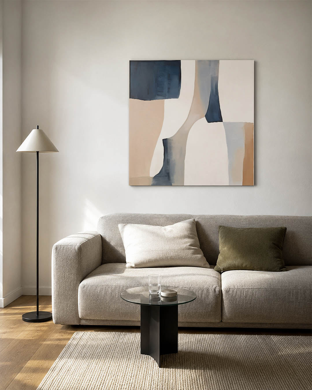 Organische vormen compositie kunstwerk – vierkante wanddecoratie – dit werk toont vloeiende vormen in zachte beige en blauwe