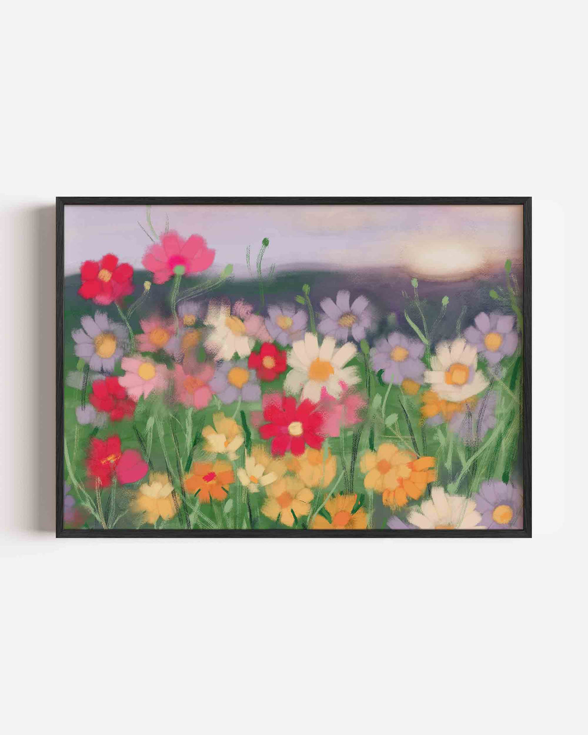 Bloemenveld bij zonsondergang – bloemen landscape poster als wanddecoratie