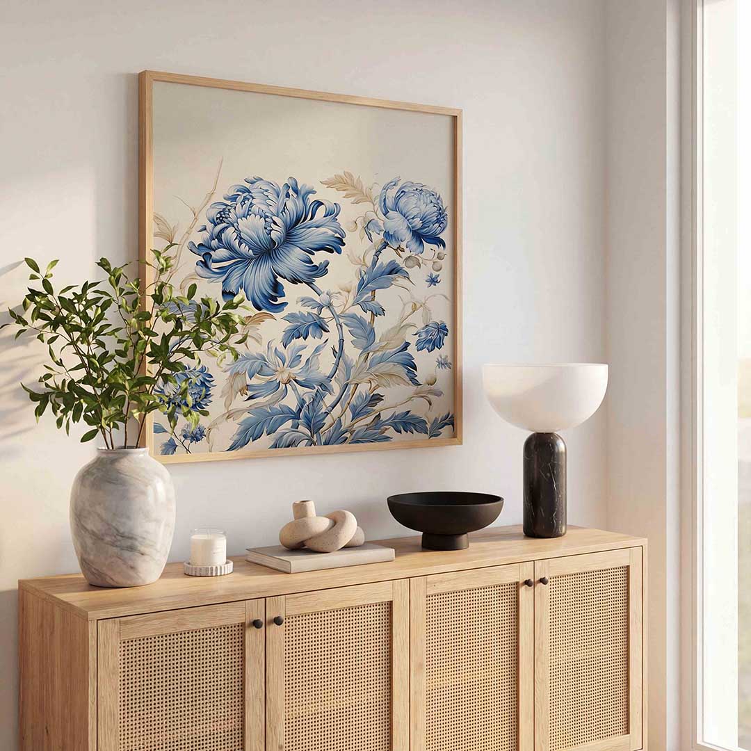 Blauwe bloemen – bloemen wandkunst als vierkante poster
