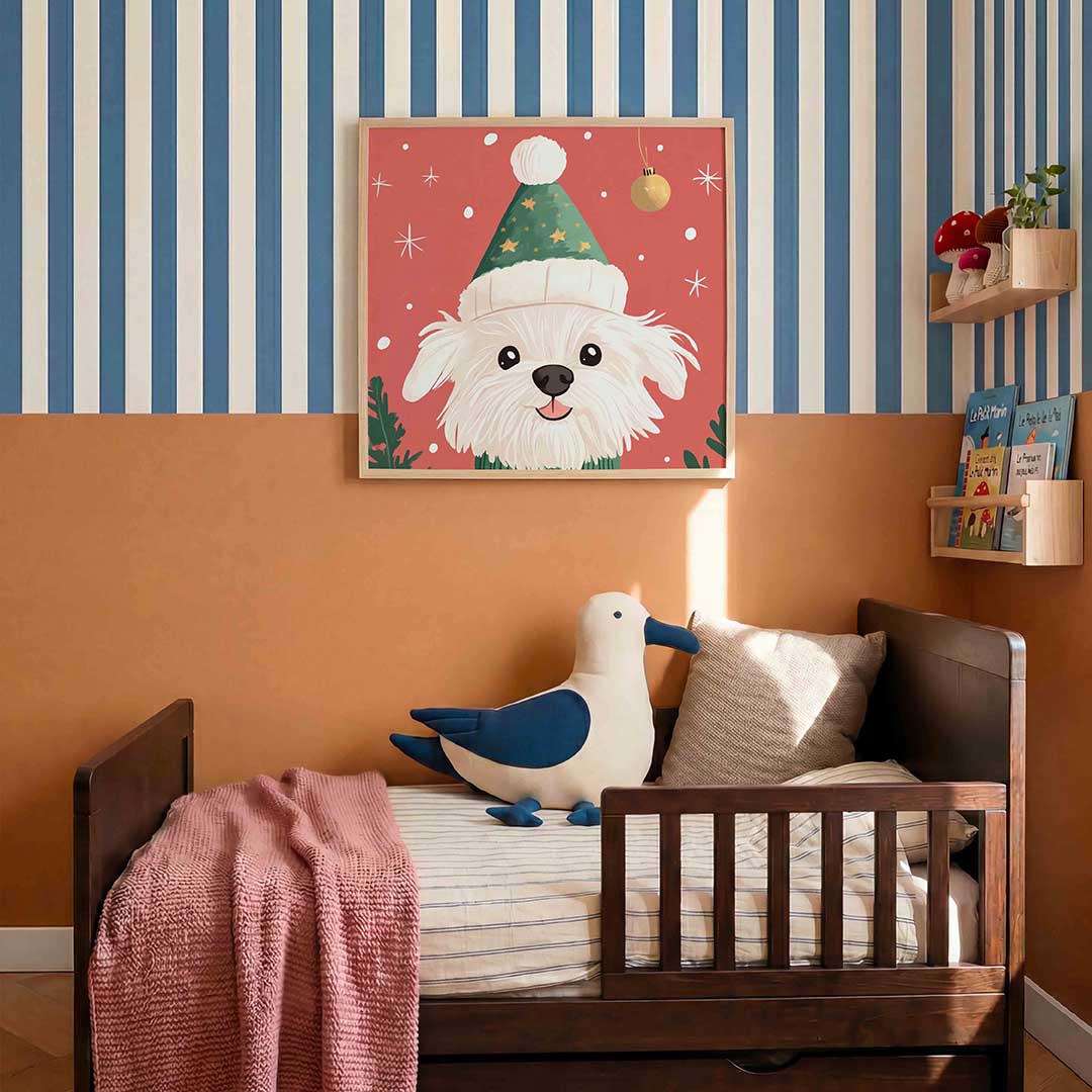 Hond met kerstmuts – kids poster in vierkant formaat