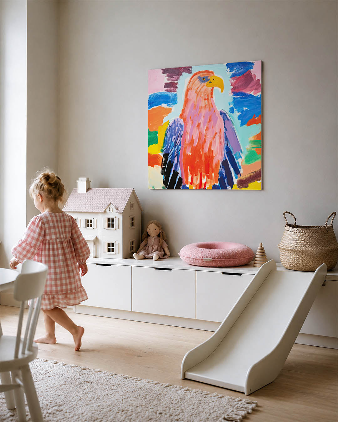 Kleurrijke vogel kunstwerk – tweede productweergave – dit werk toont een vogel in levendige kleuren met dynamische