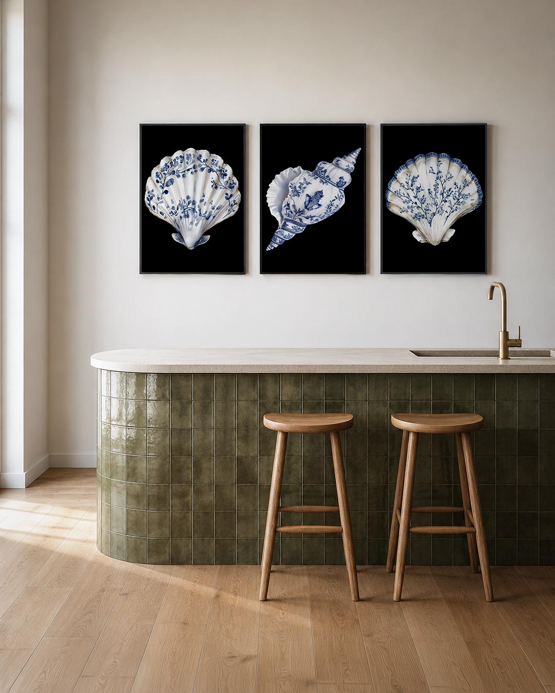 Blauwe schelpdetails posterset – tweede productweergave – een delicate schelp met blauwe florale patronen op een
