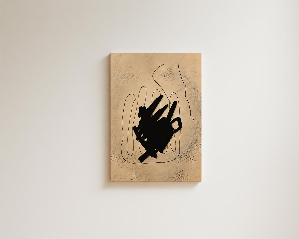 Abstracte Expressie in Zwart en Beige – kunstwerk met zwarte baklijst