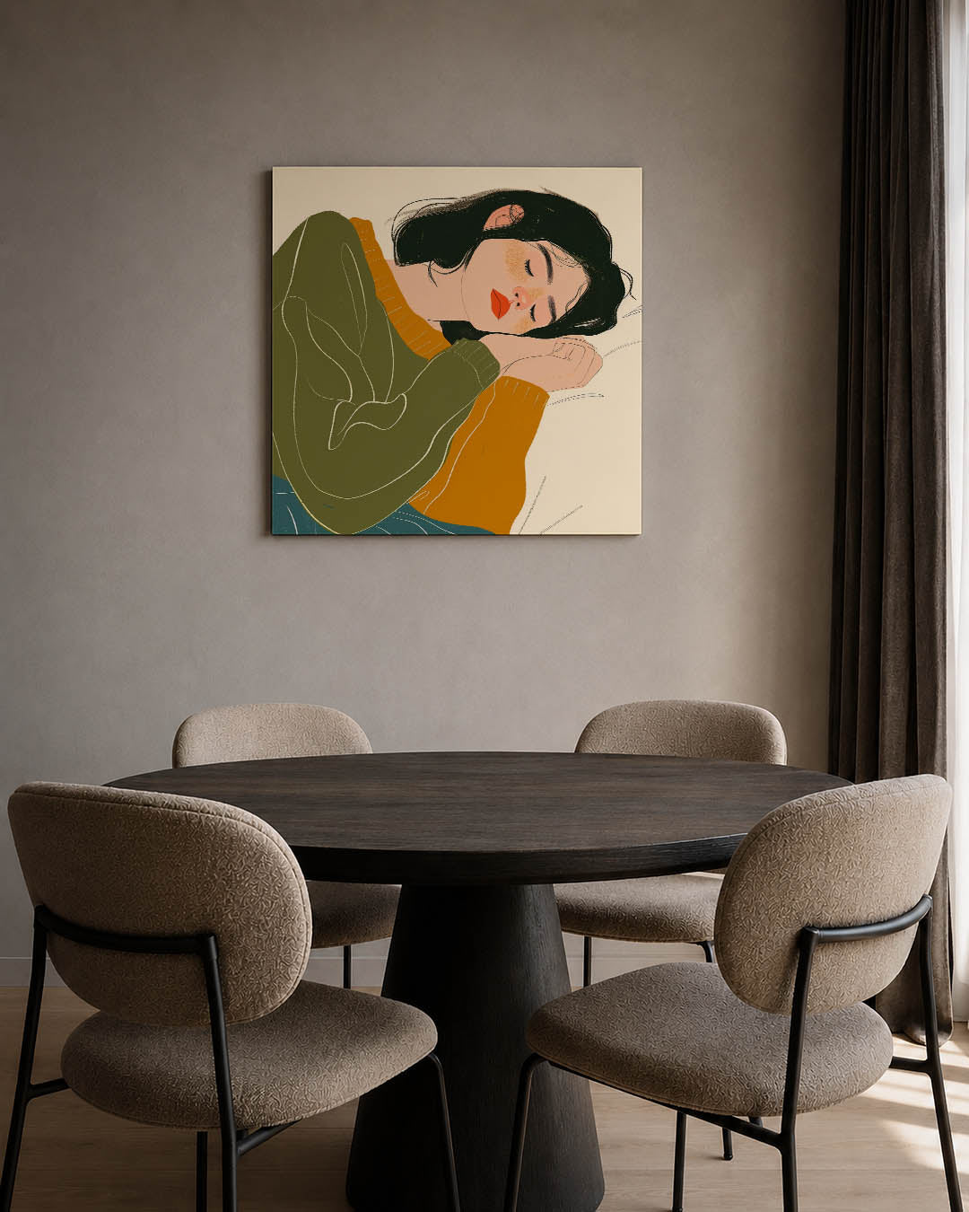 Dromerige rust kunstwerk – tweede productweergave – dit kunstwerk toont een serene scène van een slapende vrouw. De zachte
