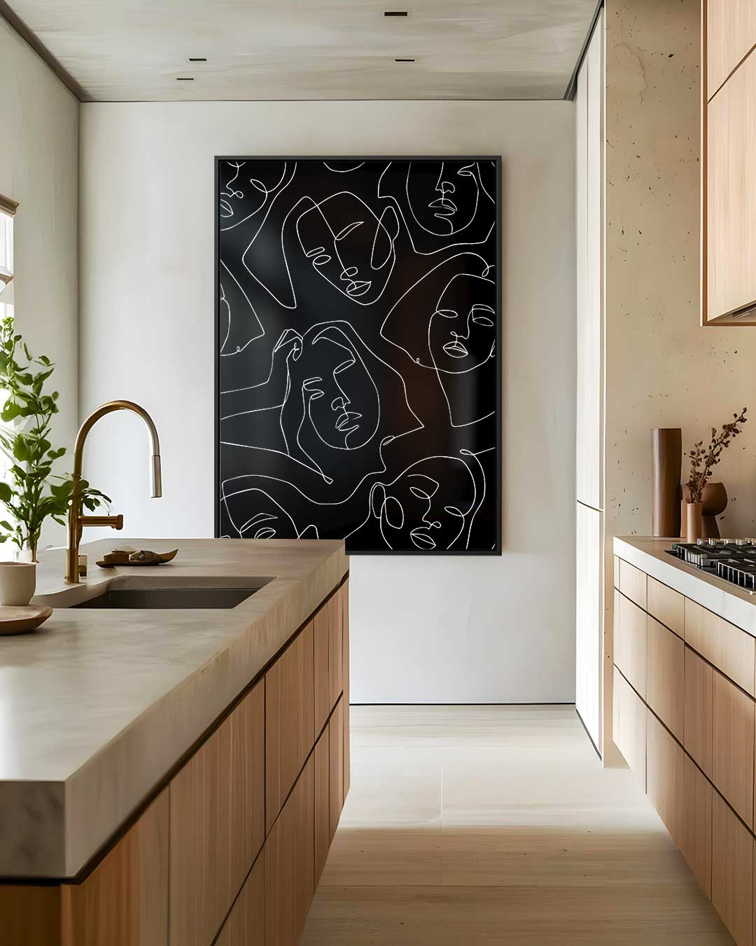 Lijngezichten op zwart – modern portret kunstwerk van WallArtistic