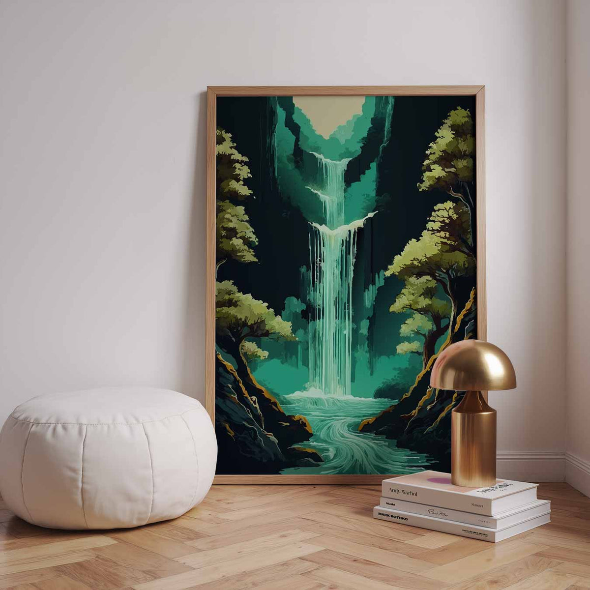 Smaragdgroene Waterval – zomerse wandkunst als portret poster