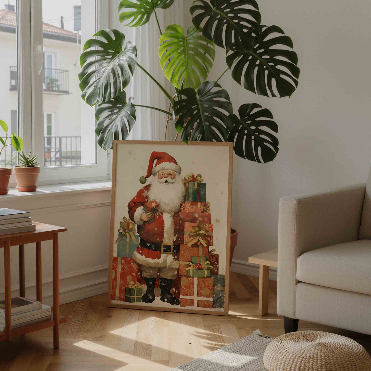 Kerstman met cadeaus – feestelijke wandkunst als portret poster