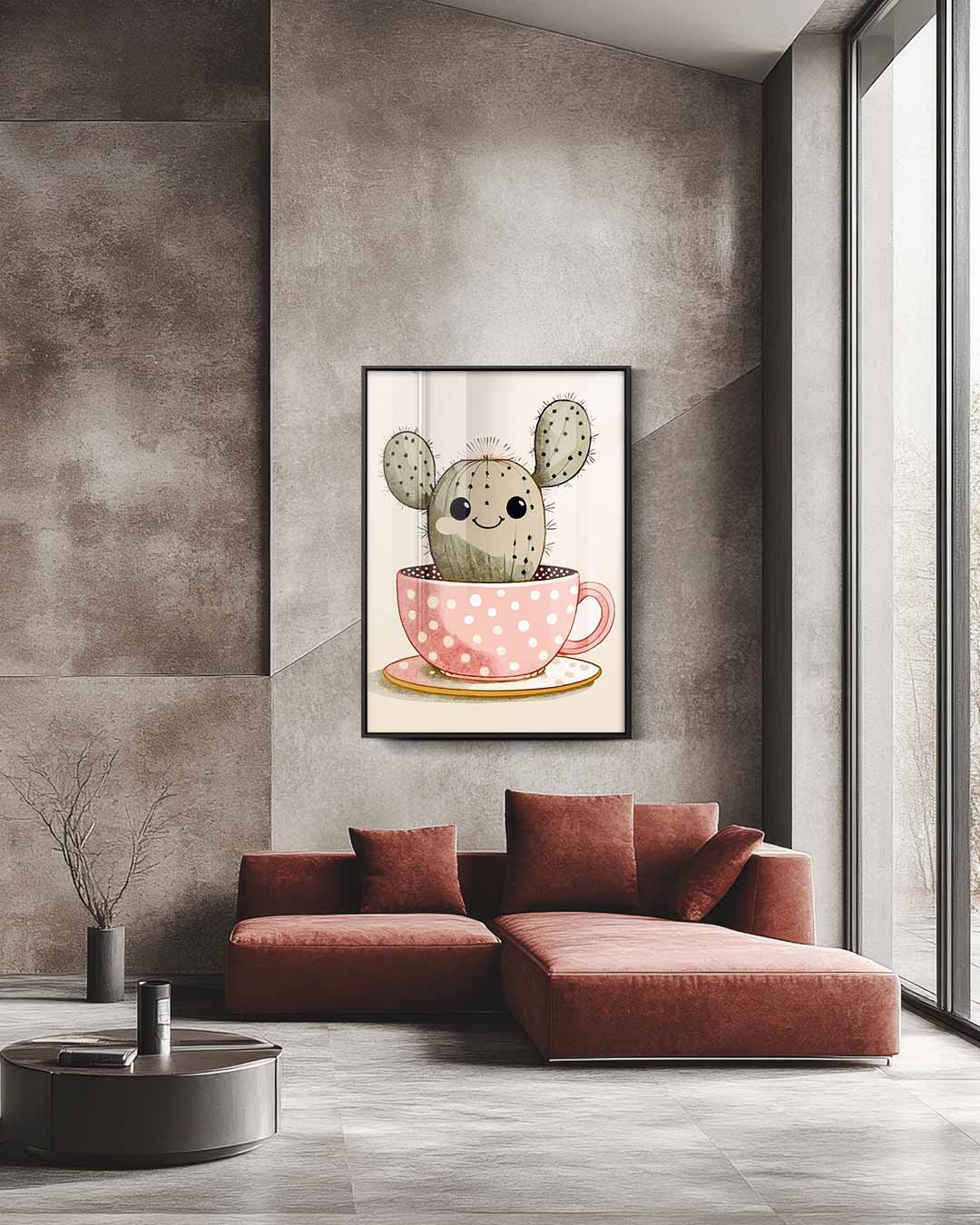 Vrolijke Cactus in Kopje – staande wandkunst voor woonkamer of interieur