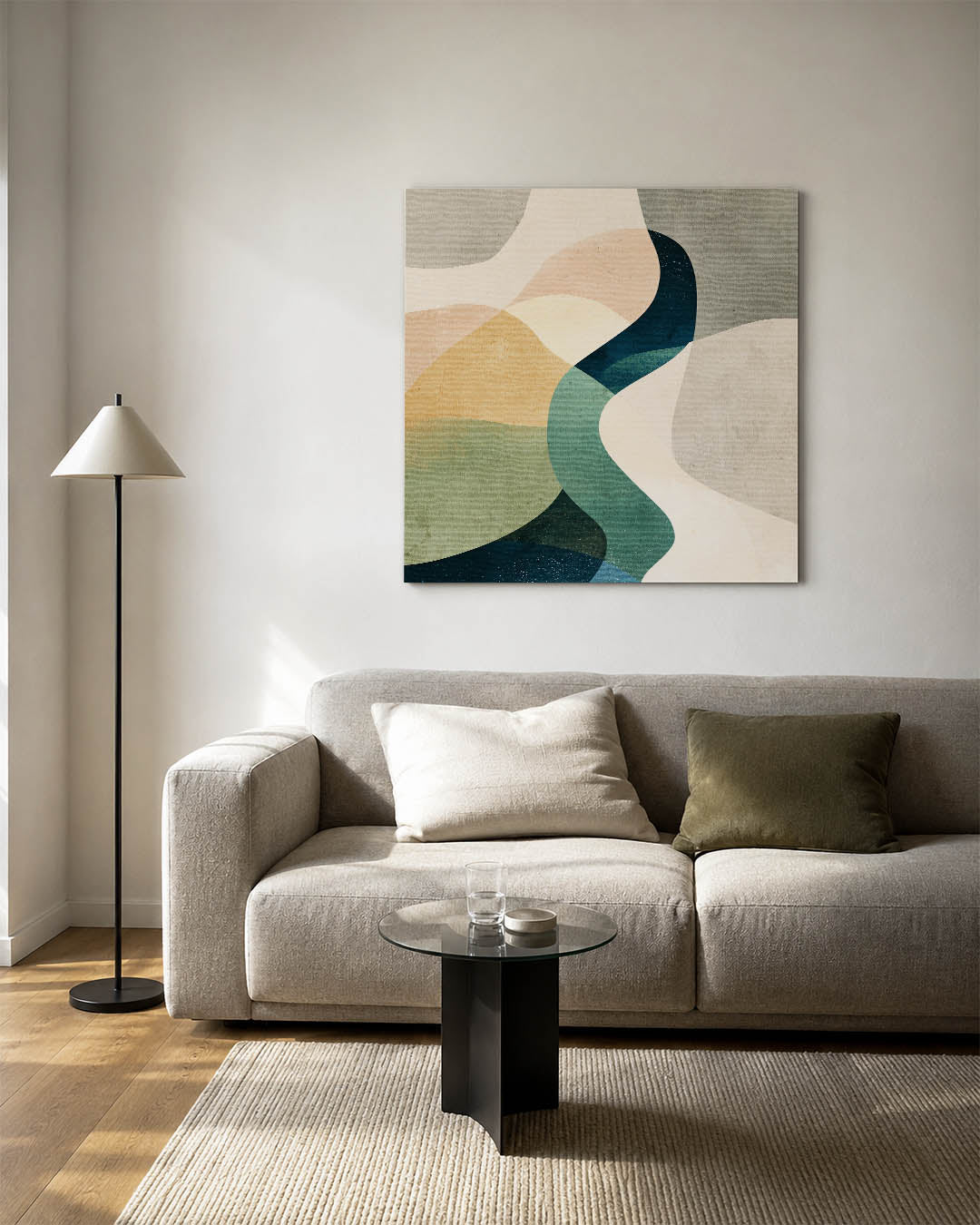 Organische vormen kunstwerk – vierkante wanddecoratie – dit kunstwerk toont vloeiende, overlappende vormen in zachte kleuren.